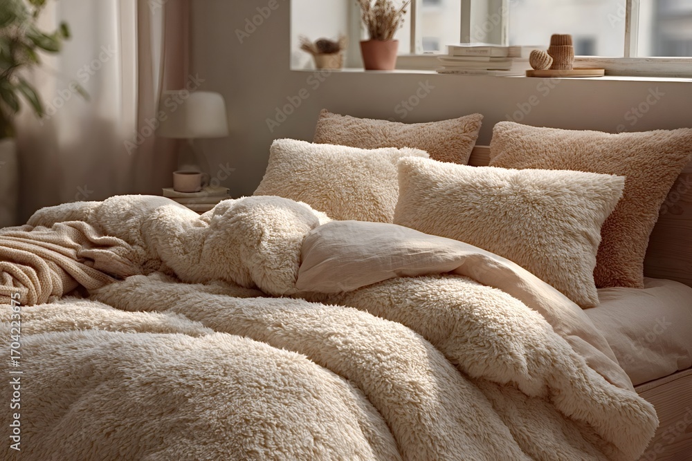 Poster warm sunlight illuminates a comfortable bed covered with a beige fluffy bedspread and several matchi