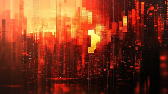 A vibrant digital abstract image featuring layered geometric shapes and glowing elements in shades of red and orange, resembling a futuristic cityscape. - Powered by Adobe