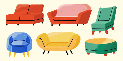 Collection of colorful retro style armchairs and sofas with a modern abstract artistic design