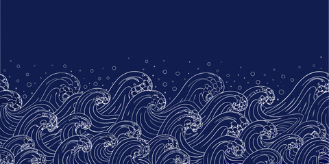 Stylized white line art waves and bubbles on a deep blue background seamless pattern