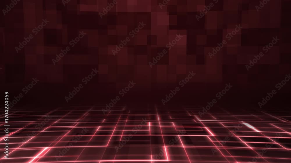 Poster red digital grid stage with glowing lines and dark background