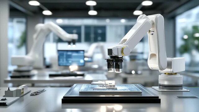 Technicians test a robotic vision system in a factory lab with cameras scanning screens displaying object recognition tools calibrating lenses and a prototype part on a table