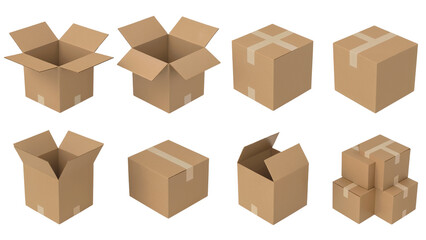 Fototapeta premium Collection of Brown Cardboard Box for Delivery Package png isolated cutout background