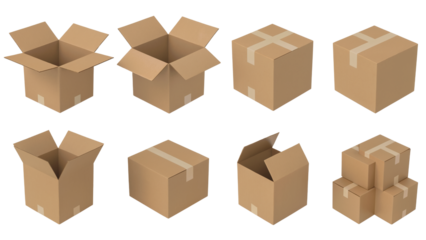 Collection of Brown Cardboard Box for Delivery Package png isolated cutout background