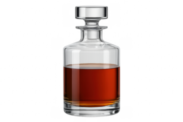 Crystal decanter with liquor on transparent background