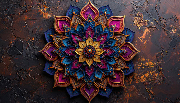 Luxurious 3D Carved Mandala in Rich Jewel Tones on a Textured Background
