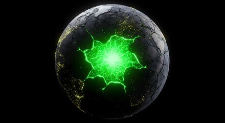 A cracked globe glowing with green energy, symbol of resilience.