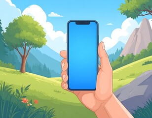 Hand holding smartphone outdoors, landscape background