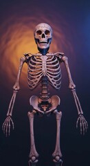 Naklejka premium Halloween anatomical skeleton model standing against a swirling orange and blue, creating a dramatic and slightly eerie effect, perfect for educational or artistic purposes