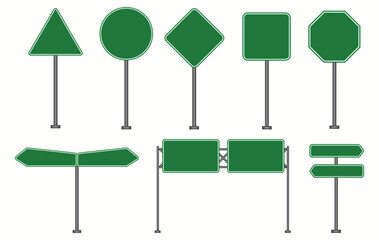 Set of blank green road sign. Empty traffic signs isolated white background.