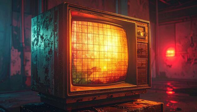 Glowing Rusty Vintage TV in a Dark Dystopian Industrial Room
