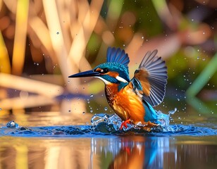 Kingfisher splashes into water, wings outstretched. Vibrant colors against blurred background