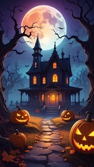 Creepy Halloween Haunted House and Jack O lantern Under a Full Moon