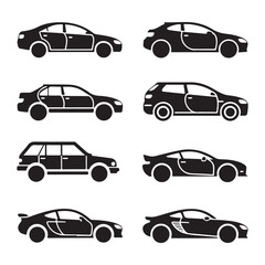 Modern Car Silhouette Vector Set, Sedan, SUV, Sports Car, Hatchback Auto Icons for Logo and Design