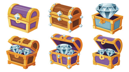 Treasure Chest Cartoon Set with Diamond Gems png isolated cutout background