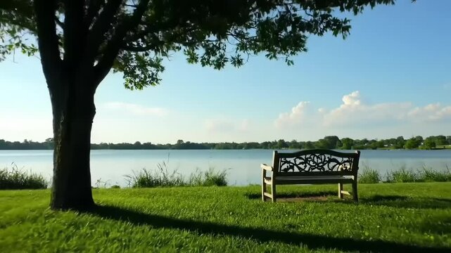 Empty bench by lake under tree