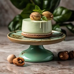 Elegant pistachio mousse cake with macadamia nuts served on a ceramic stand perfect for dessert menus and culinary presentations