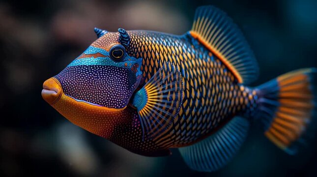 Colorful Triggerfish: A vibrant triggerfish glides gracefully in an aquarium, showcasing its intricate patterns and radiant hues, creating an immersive underwater view.
