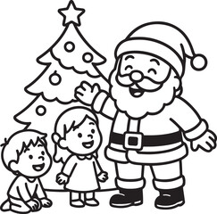 Fototapeta premium Cartoon Santa Claus with children and a Christmas tree on a white background holiday kids