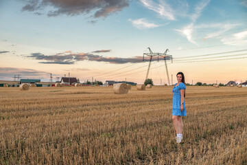 Portrait of a young beautiful dark-haired girl in a summer dress in a village field among bales of...