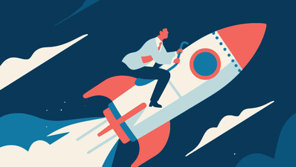 A business figure riding an ascending rocket, hand-drawn vector illustration
