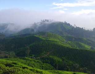 Misty mountain range with lush tea plantations