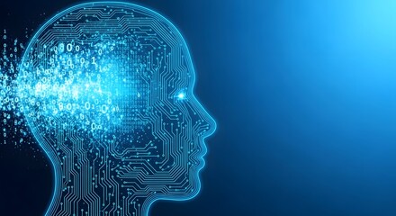 A digital human head profile constructed from glowing blue circuits and data streams, dissolving into particles, representing artificial intelligence and data