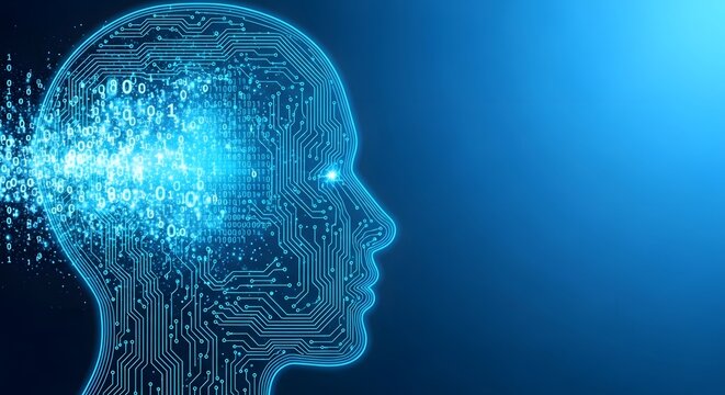 A digital human head profile constructed from glowing blue circuits and data streams, dissolving into particles, representing artificial intelligence and data