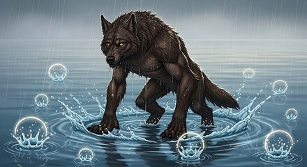 Halloween a dark werewolf stands in water during a rainy day, creating a mysterious and eerie atmosphere with bubbles around it