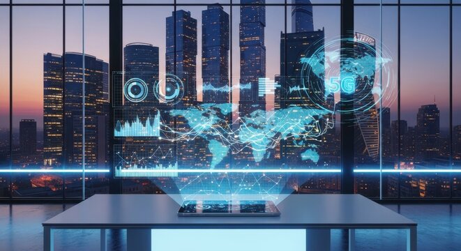 Digital World Map Hologram Futuristic Technology Office