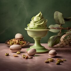 Pistachio dessert composition featuring a swirl of green pistachio cream in a vintage glass complemented by macarons and nuts on a pink surface against a green backdrop