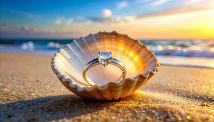 Diamond ring in seashell at sunset