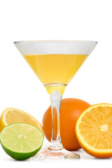 Fruit cocktail for New Year's Eve party, isolated orange drink on white background