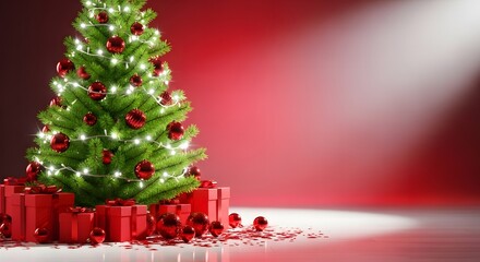 A beautifully decorated christmas tree with red ornaments and white lights, surrounded by red gift boxes, set against a festive red background