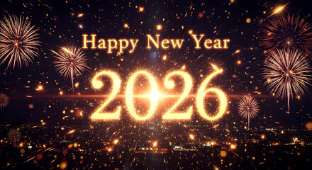 Happy new year 2026 celebration, colorful fireworks over the city, glowing sparkles, greeting card, background, poster, postcard, banner, calendar, design template.      