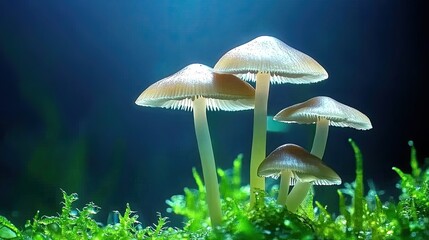 Fototapeta premium Illuminated mushrooms in dark mossy setting