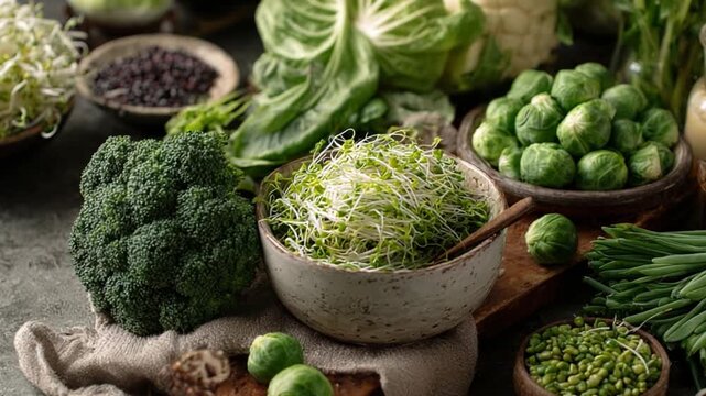 Fresh Green Food: A table display a cornucopia of healthy, leafy vegetables and sprouts, offering a visual feast of freshness and nourishment.