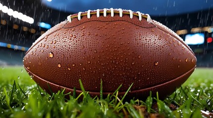 A close-up shot of a worn American football lying on lush wet grass after a light rain shower, with tiny water droplets clinging to the textured leather surface.