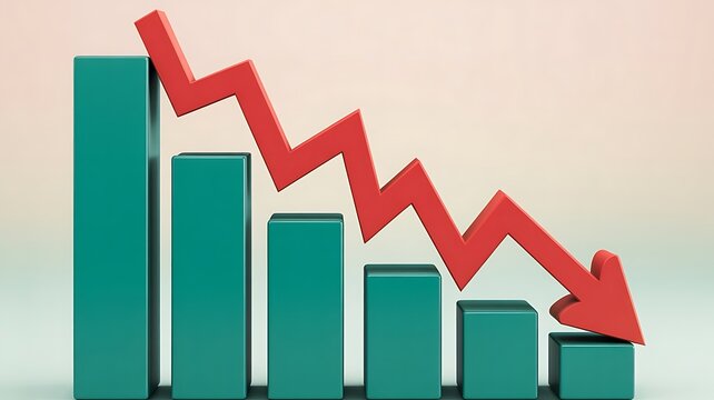 Red Arrow Graph Declining Over Teal Bars decline bar chart
