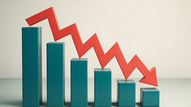 Red Arrow Graph Falling Over Teal Bars decline bar chart