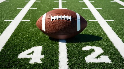 A high-resolution image of a brown American football with prominent laces and a slight sheen to its leather surface, placed on a vibrant green artificial turf field.