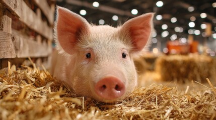 Pig resting on straw in a barn setting during a livestock exhibition at a rural fair in autumn