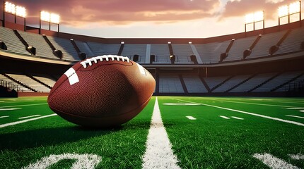 Low-angle view of a worn American football resting on the vibrant green turf of the 20-yard line, with stadium seats towering in the background.