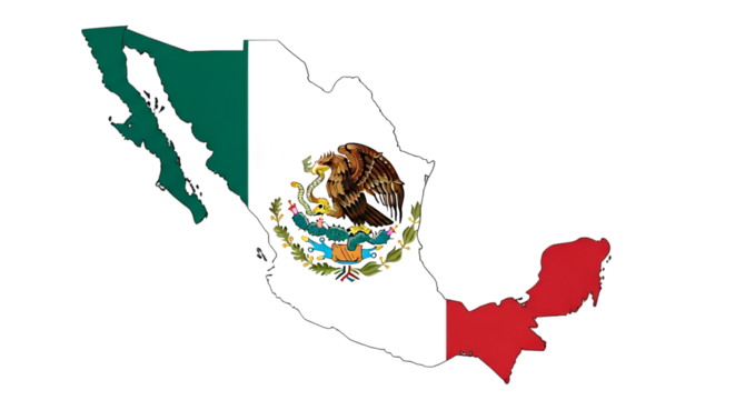 Map of Mexico with National Flag and Emblem