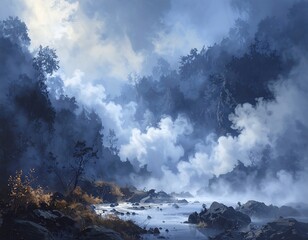 Misty mountain river valley