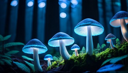 Fototapeta premium Glow In The Dark Mushrooms Growing In A Dark Forest With Bioluminescent Light Illuminating Their Caps
