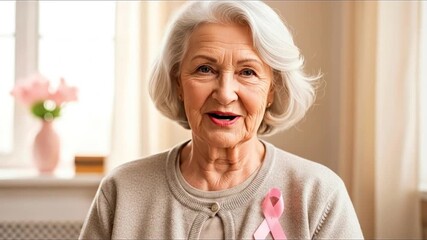Elderly woman with grey hair wearing a pink ribbon looks directly at the viewer with an open mouth - Powered by Adobe