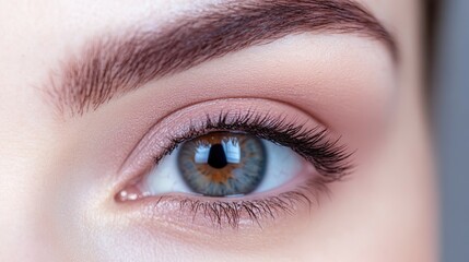 Close up female eye with natural makeup and long lashes