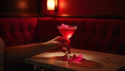 Woman's hand holding a vibrant pink floral cocktail in a dimly lit, elegant red bar, creating a romantic and sophisticated atmosphere for a night out