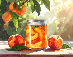 Peach drink in a can, sunny orchard